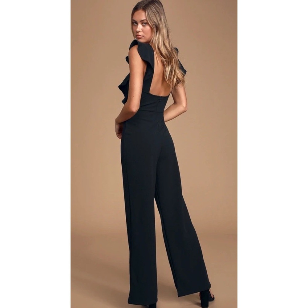 Lulus Feel Your Love Black Ruffled Wide-Leg Jumpsuit | Size Medium | Open Back| - Picture 2 of 7